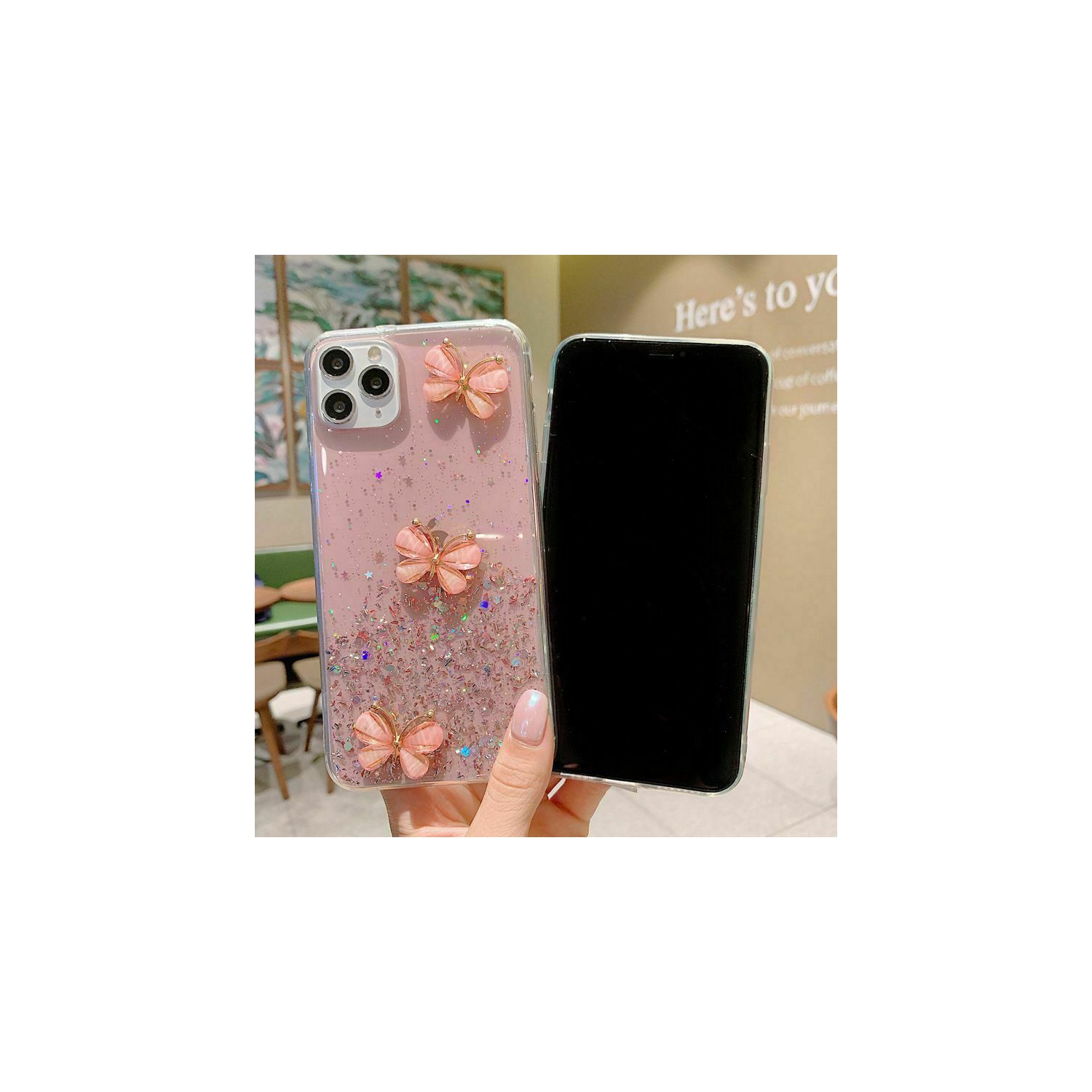 For Apple iPhone XS Pink Smart Shockproof Glitter Crystal butterfly Wrist Strap Cover Case