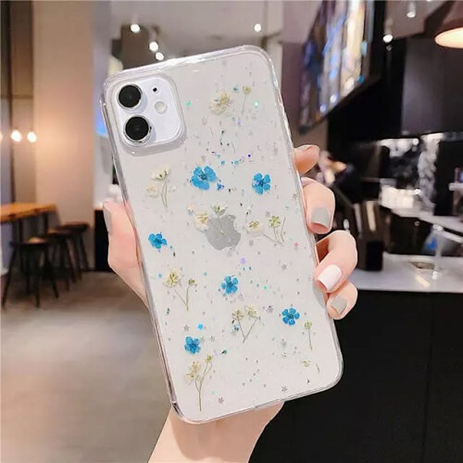 Étui intelligent antichoc à fleur sèche et paillettes bleue pour iPhone 11 d'Apple couvercle arrière en TPUR