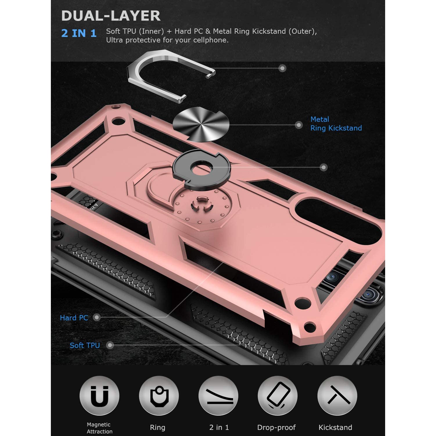 Étui pour Galaxy A70 de Samsung avec support magnétique rotatif à 360 degrés en métal rose doré de qualité militaire et béquille pour support de