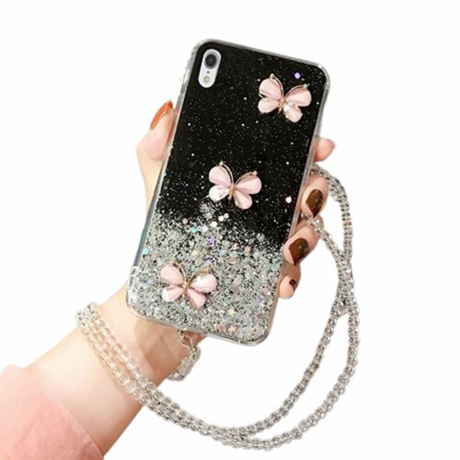 For Apple iPhone XR Black Smart Shockproof Glitter Crystal butterfly Wrist Strap Cover Case