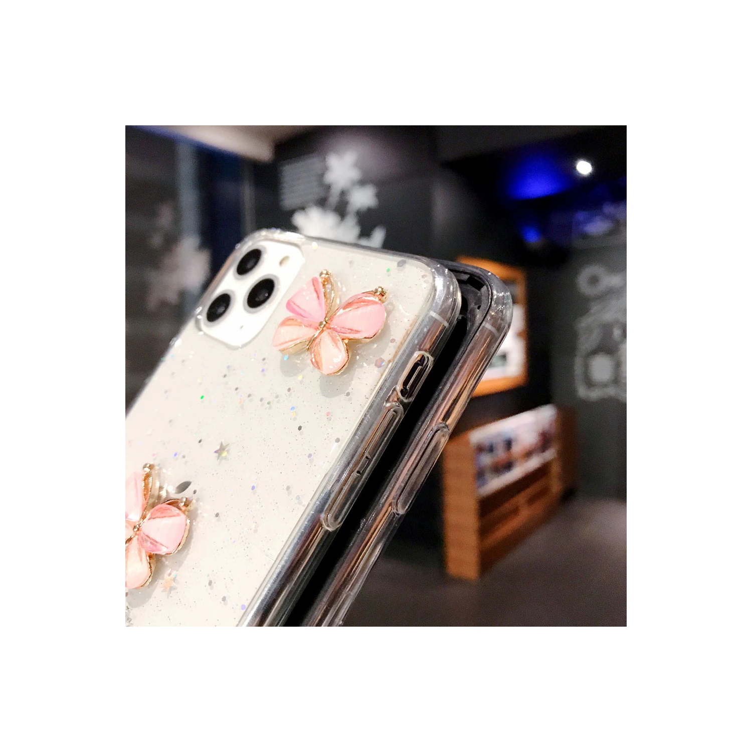 For Apple iPhone XR Black Smart Shockproof Glitter Crystal butterfly Wrist Strap Cover Case