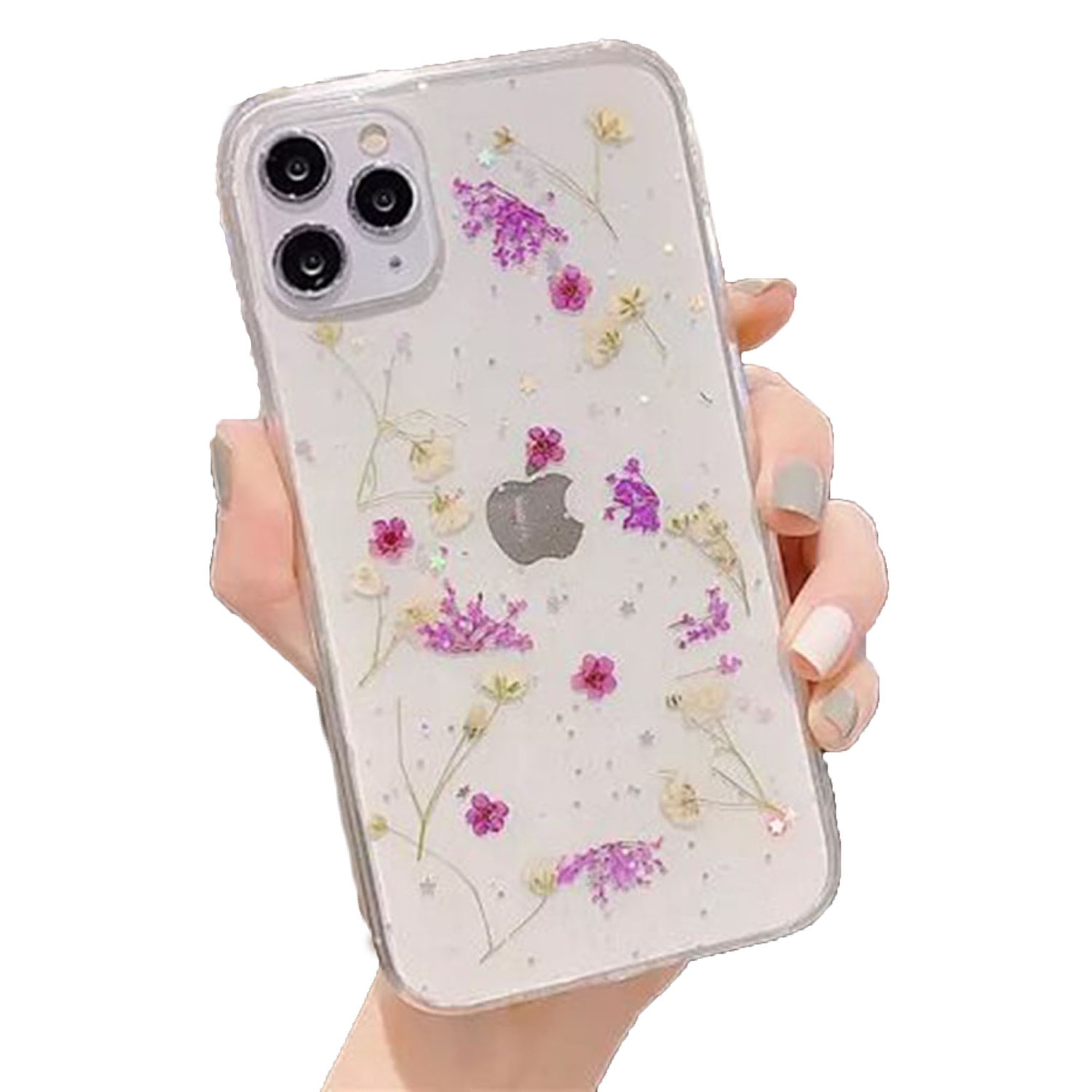 For Apple iPhone 11 Pro Max Purple Smart Shockproof Dry Flower Glitter Case TPU Back Cover