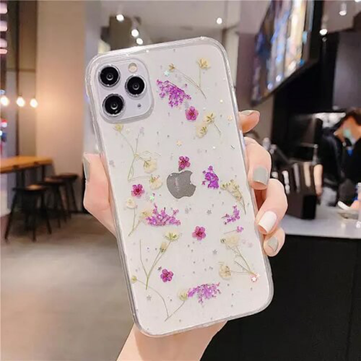 For Apple iPhone 11 Pro Max Purple Smart Shockproof Dry Flower Glitter Case TPU Back Cover