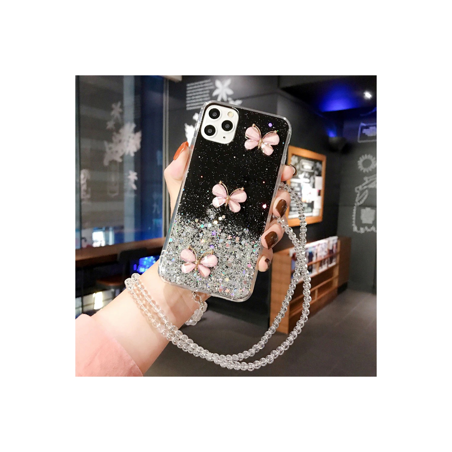 For Apple iPhone 11 Black Smart Shockproof Glitter Crystal butterfly Wrist Strap Cover Case
