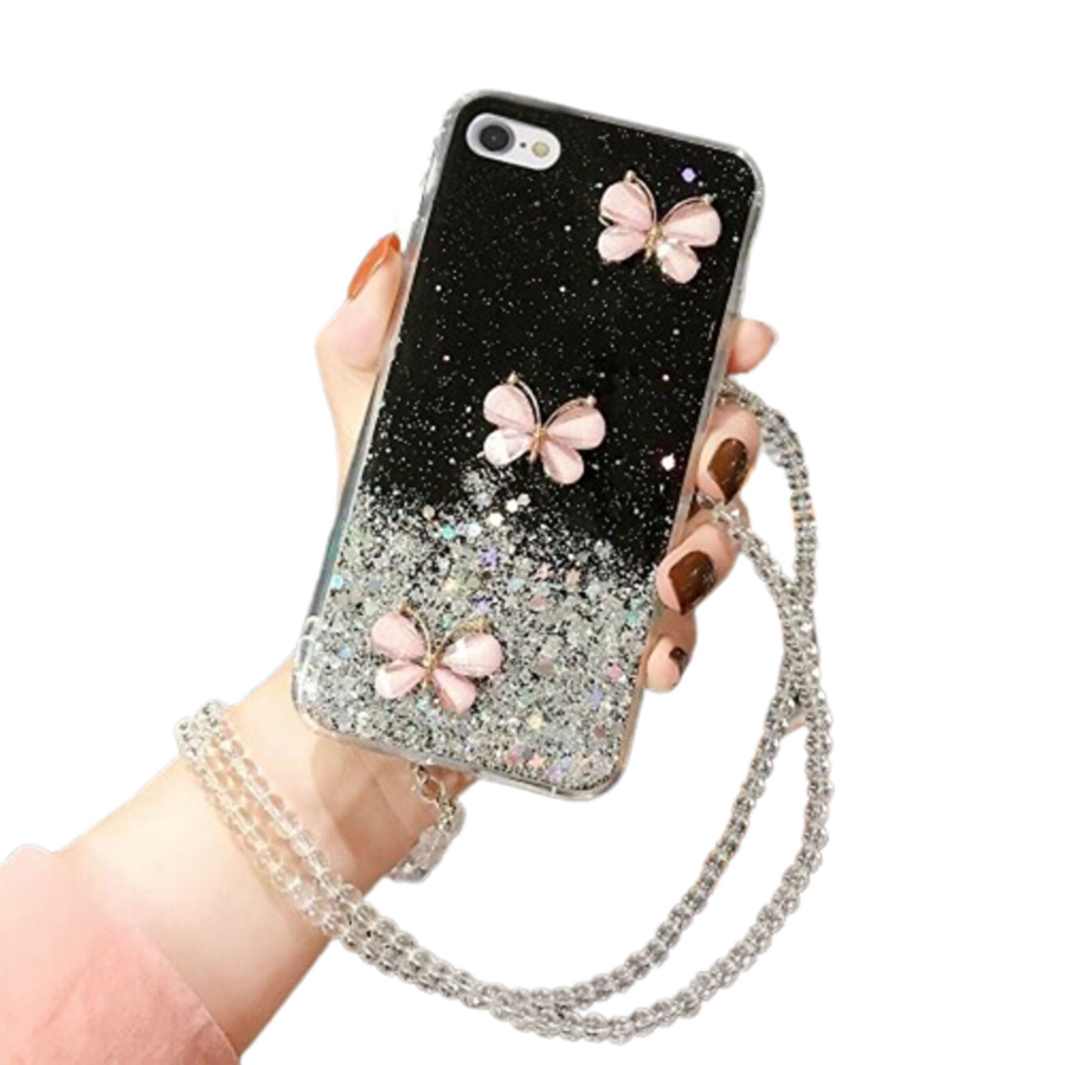 For Apple iPhone 7 Black Smart Shockproof Glitter Crystal butterfly Wrist Strap Cover Case