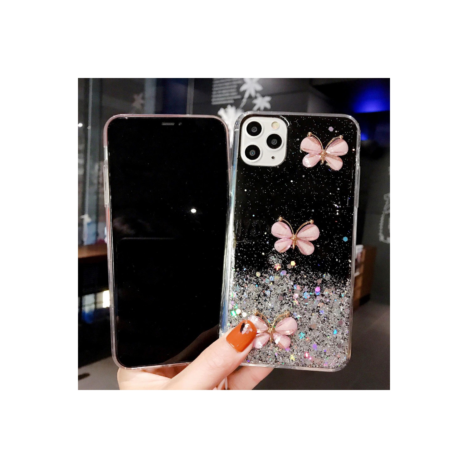 For Apple iPhone 7 Black Smart Shockproof Glitter Crystal butterfly Wrist Strap Cover Case