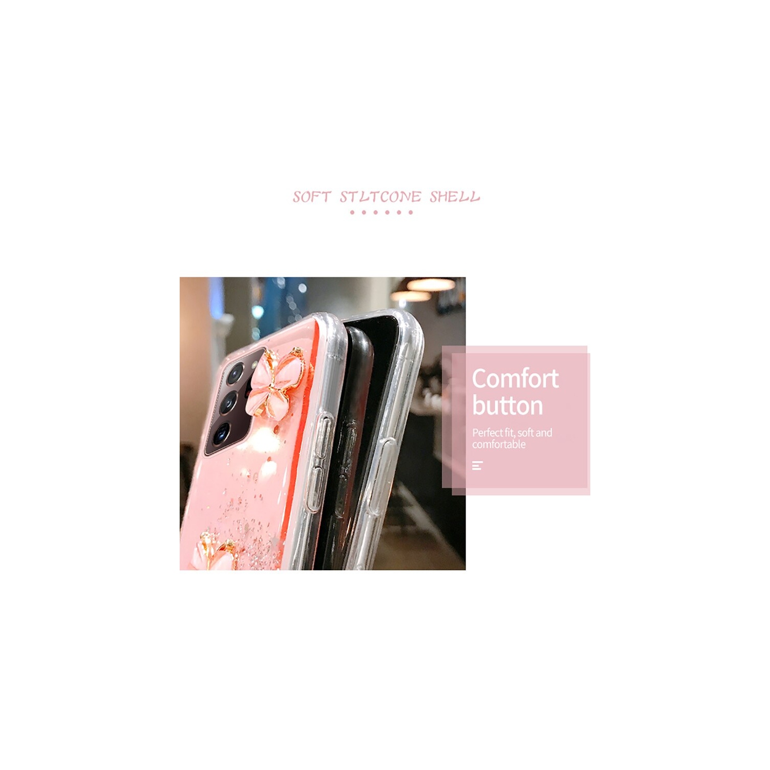 Étui pour Galaxy S21 5G de Samsung, fleur papillon pour femmes, étui protecteur ultra-mince en silicone souple transparent scintillant, compatible