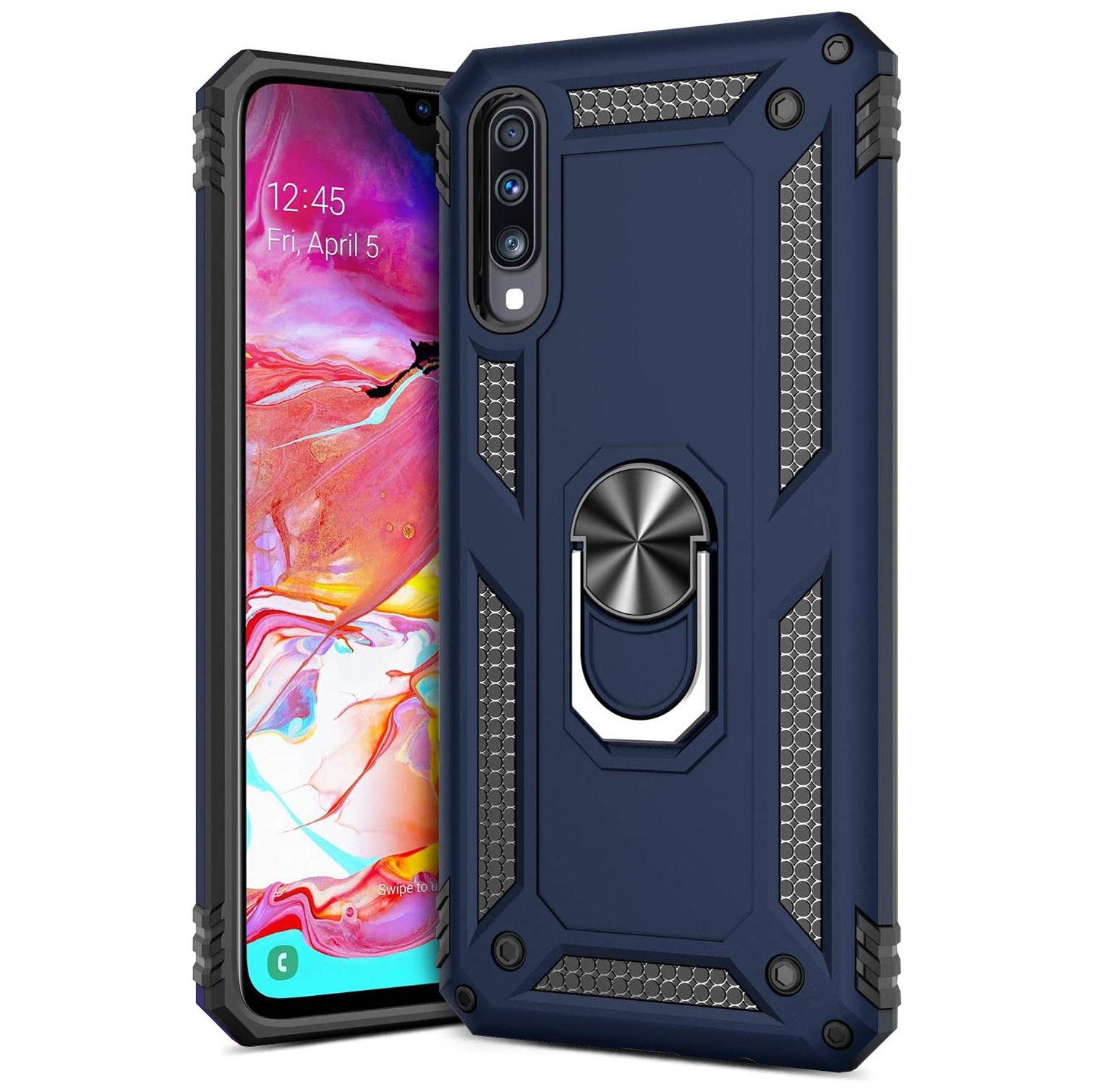 Pour Samsung Galaxy A70 Bleu qualité militaire 360 degrés avec support magnétique rotatif et béquille pour support de voiture antichoc robuste