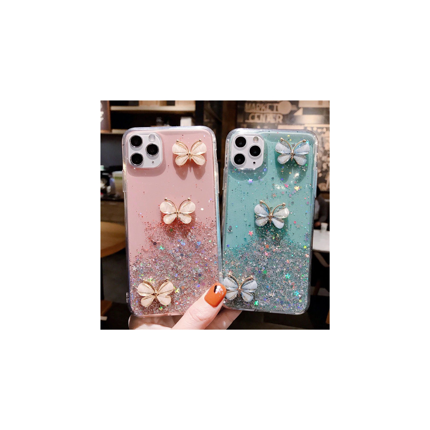 For Apple iPhone 12 Green Smart Shockproof Glitter Crystal butterfly Wrist Strap Cover Case