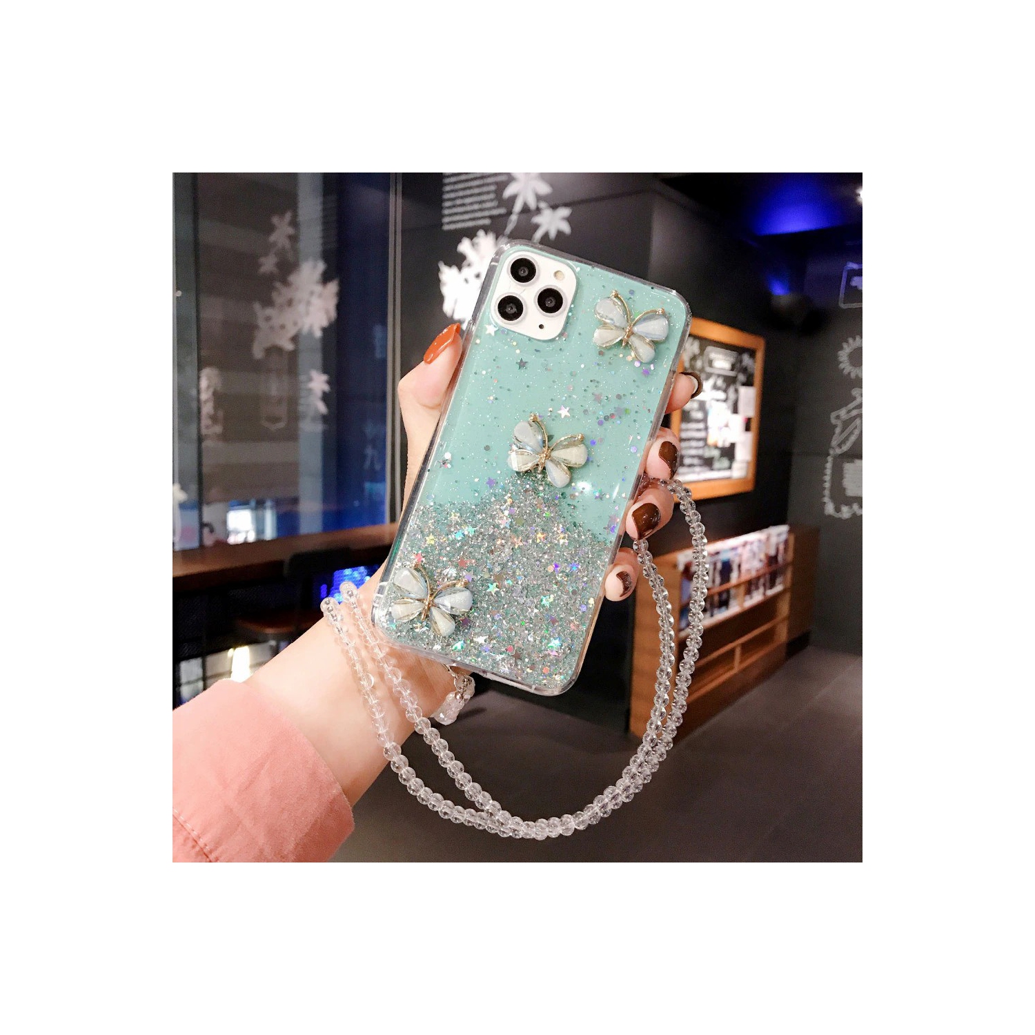 For Apple iPhone 12 Green Smart Shockproof Glitter Crystal butterfly Wrist Strap Cover Case