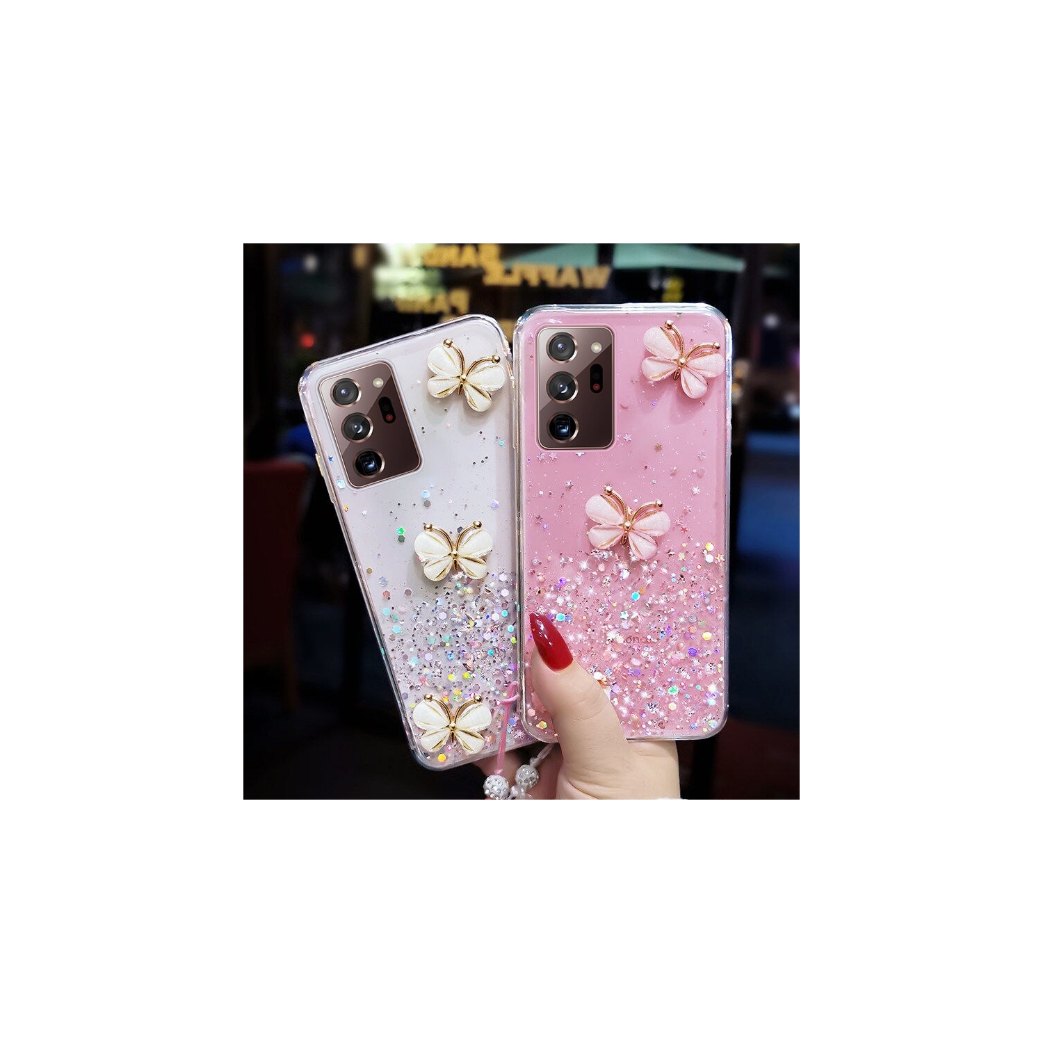 Étui avec dragonne en forme de papillon en cristal scintillant blanc pour Galaxy S20 de Samsung