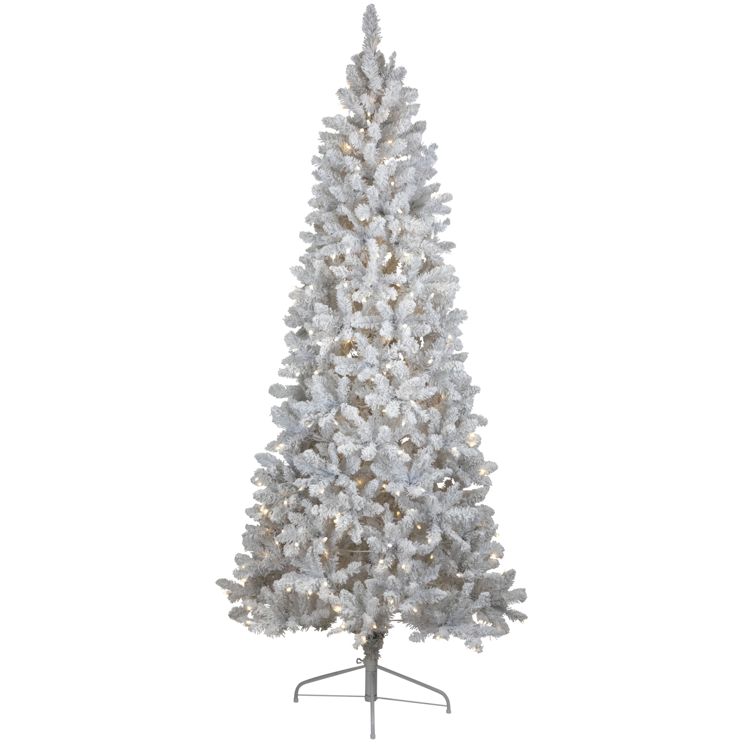 Sapin de Noël artificiel mince et floqué blanc pré-éclairé - 7,5 pi - lumières à DEL blanc chaud