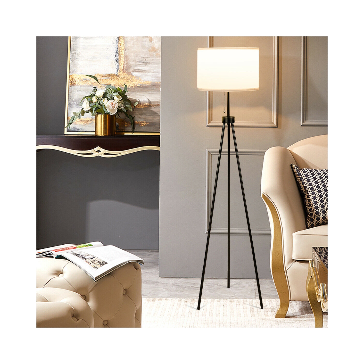 Lampadaire moderne à trépied en métal Abat-jour en tissu blanc avec interrupteur à chaîne Maison et bureau Gymax