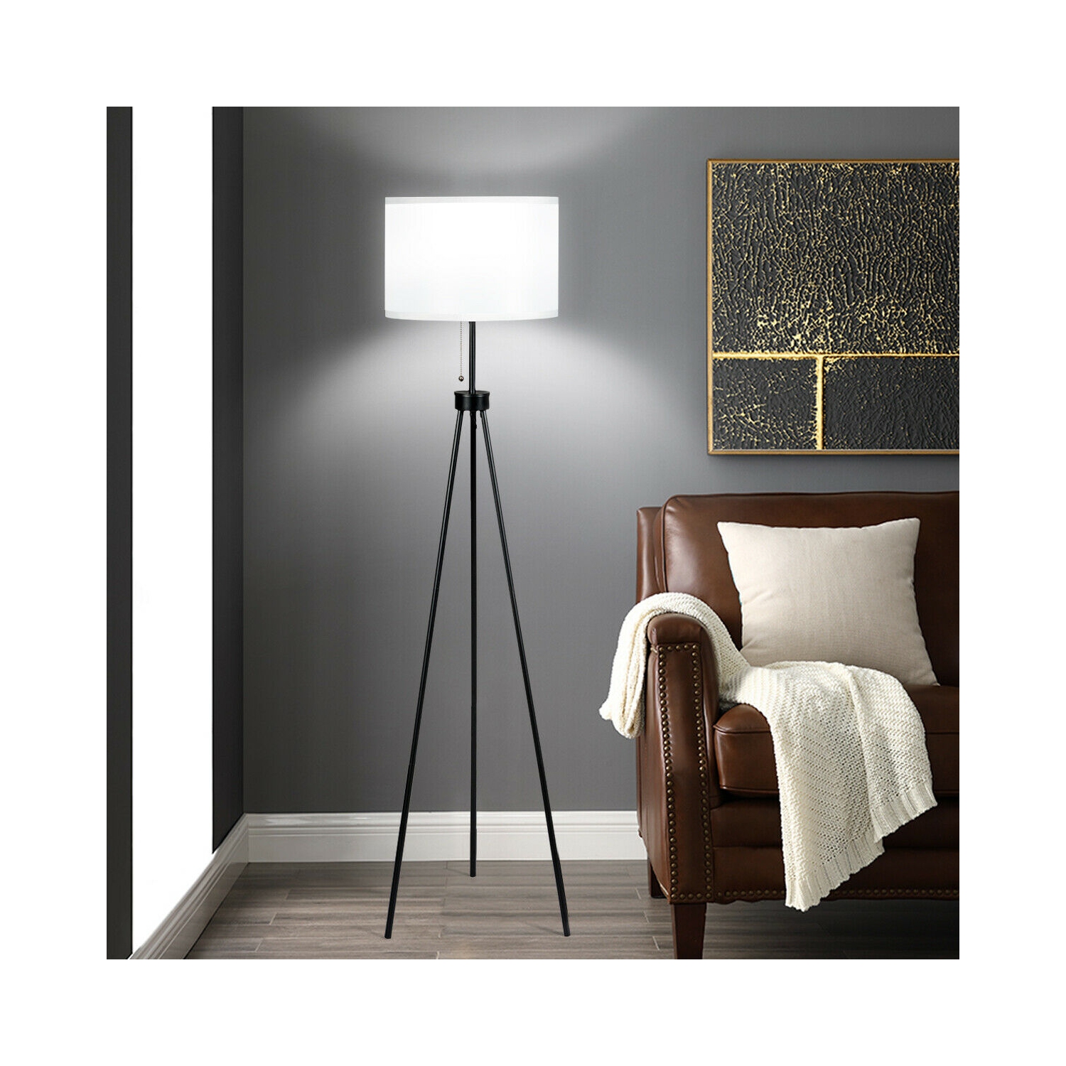 Lampadaire moderne à trépied en métal Abat-jour en tissu blanc avec interrupteur à chaîne Maison et bureau Gymax