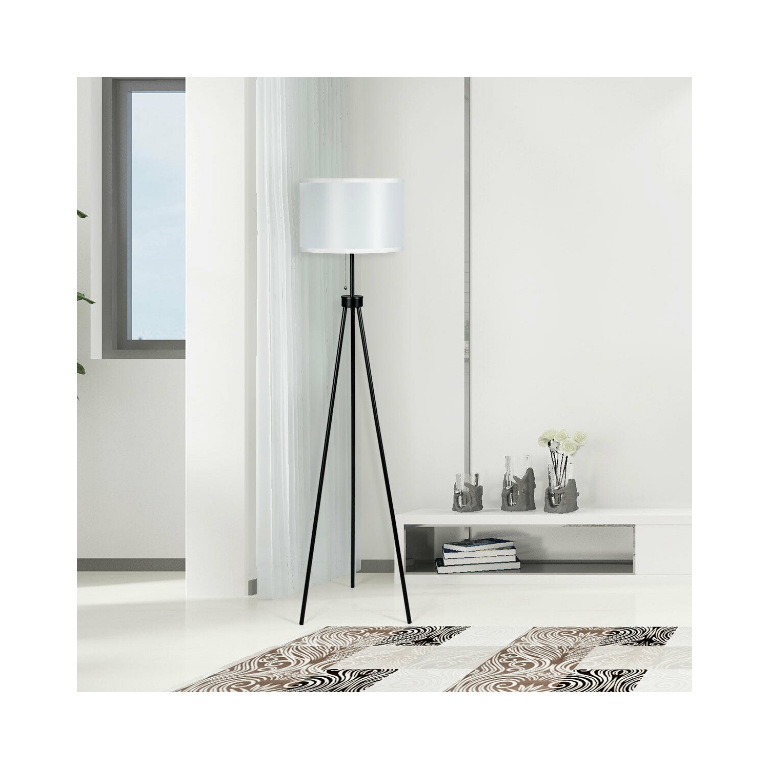 Lampadaire moderne à trépied en métal Abat-jour en tissu blanc avec interrupteur à chaîne Maison et bureau Gymax