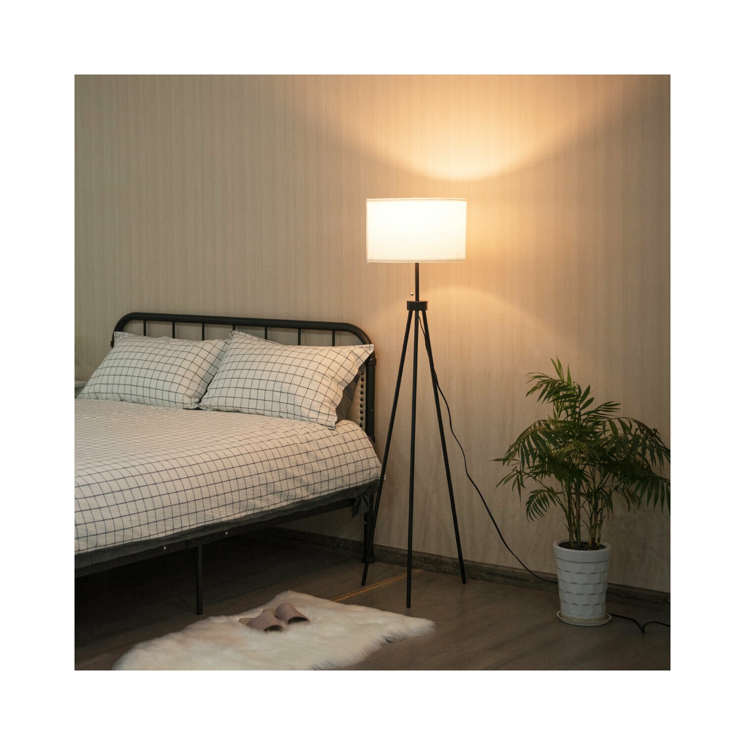 Lampadaire moderne à trépied en métal Abat-jour en tissu blanc avec interrupteur à chaîne Maison et bureau Gymax