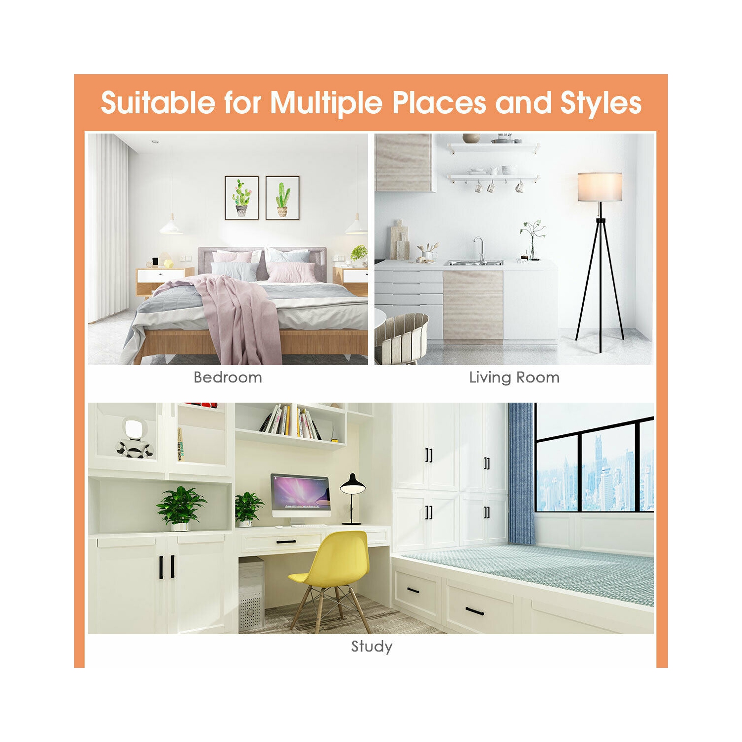 Lampadaire moderne à trépied en métal Abat-jour en tissu blanc avec interrupteur à chaîne Maison et bureau Gymax