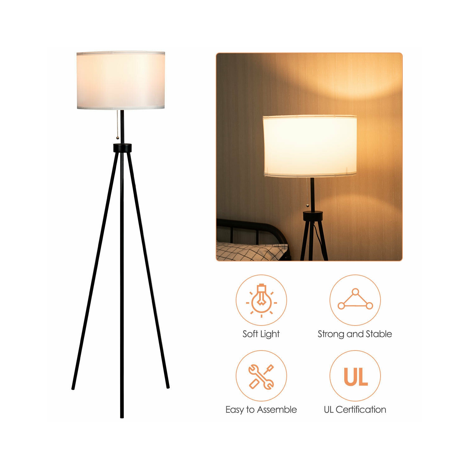 Lampadaire moderne à trépied en métal Abat-jour en tissu blanc avec interrupteur à chaîne Maison et bureau Gymax