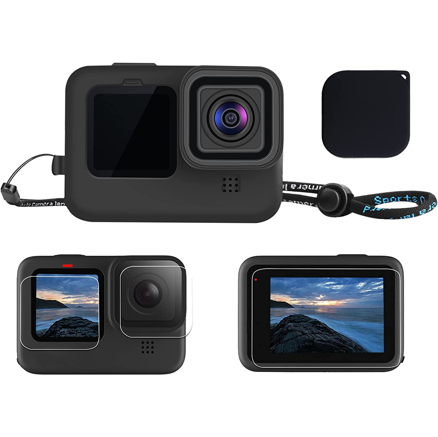Silicone Sleeve + Long Lanyard + Lens Cap with Tempered Glass Screen Protector for GoPro Hero 10 Hero 9 Black (Black)