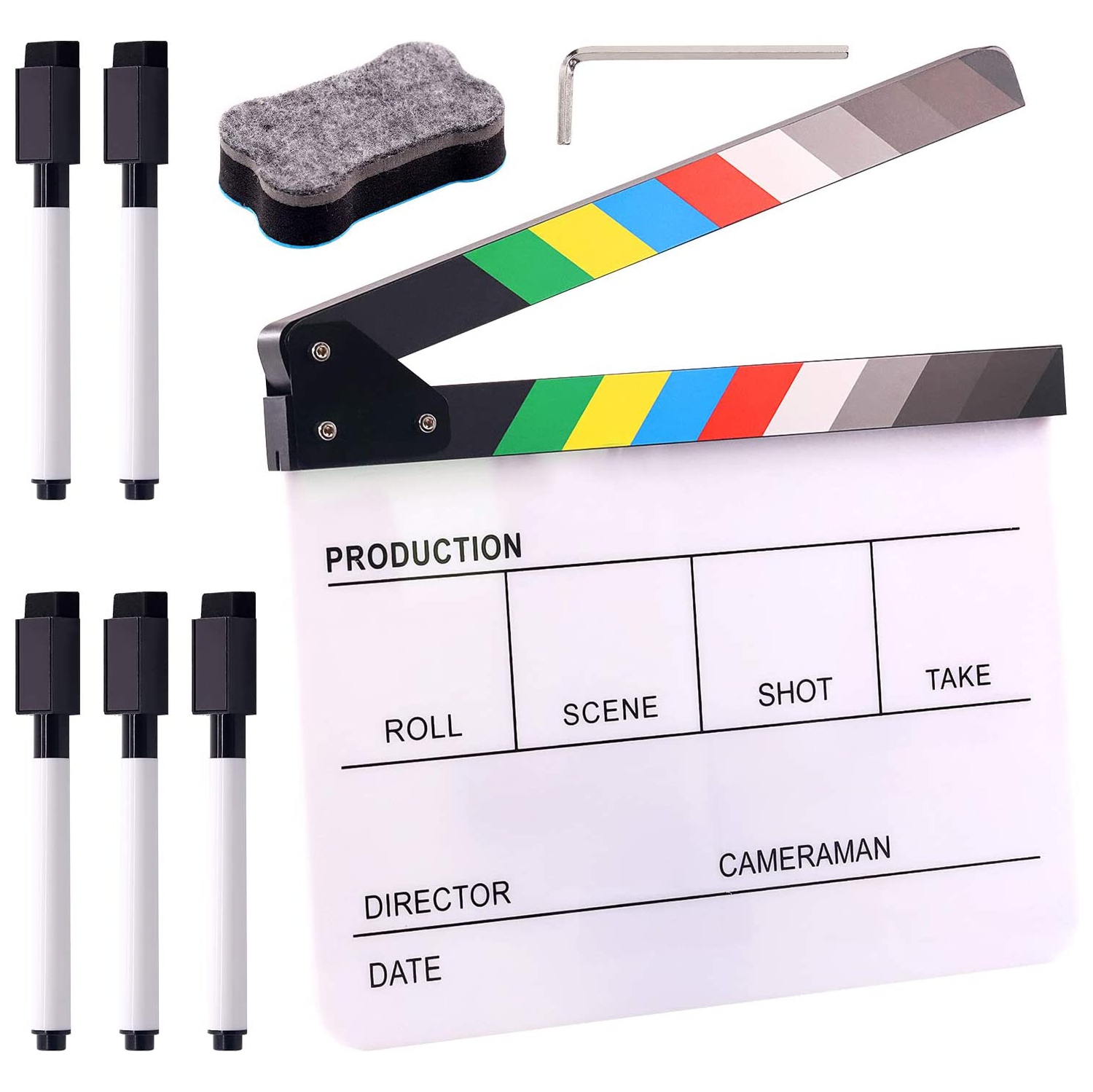 8Pcs 10'x12' Acrylic Film Movie Directors Clapboard Kit, Magnetic Blackboard Eraser, M3 Hex Wrench and 5Pcs Custom Pens Dry Erase Director Clapper
