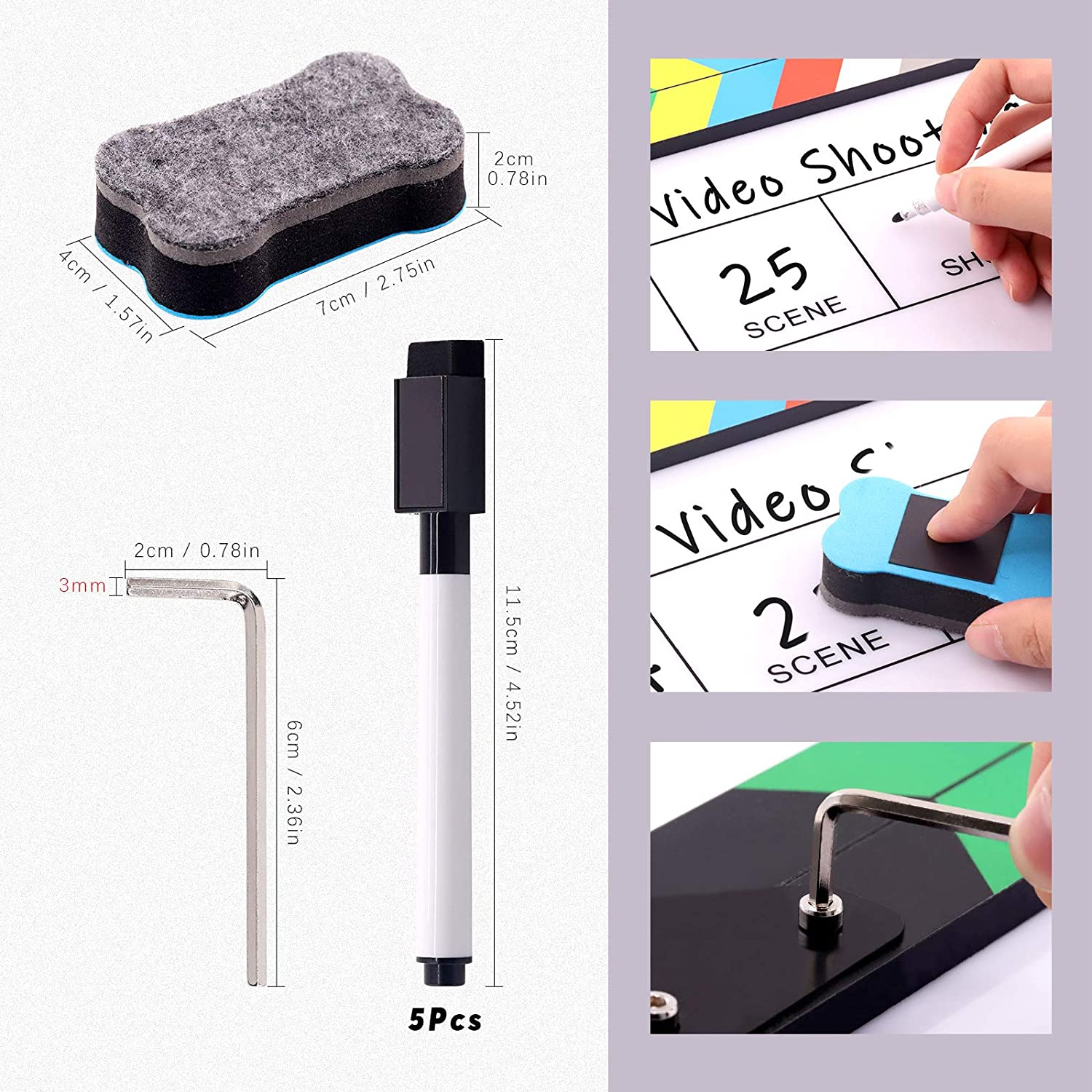 8Pcs 10'x12' Acrylic Film Movie Directors Clapboard Kit, Magnetic Blackboard Eraser, M3 Hex Wrench and 5Pcs Custom Pens Dry Erase Director Clapper