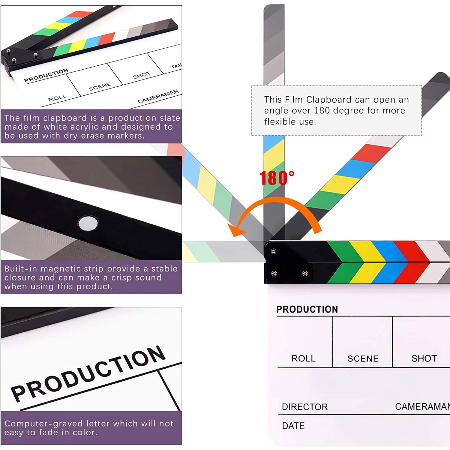 8Pcs 10'x12' Acrylic Film Movie Directors Clapboard Kit, Magnetic Blackboard Eraser, M3 Hex Wrench and 5Pcs Custom Pens Dry Erase Director Clapper