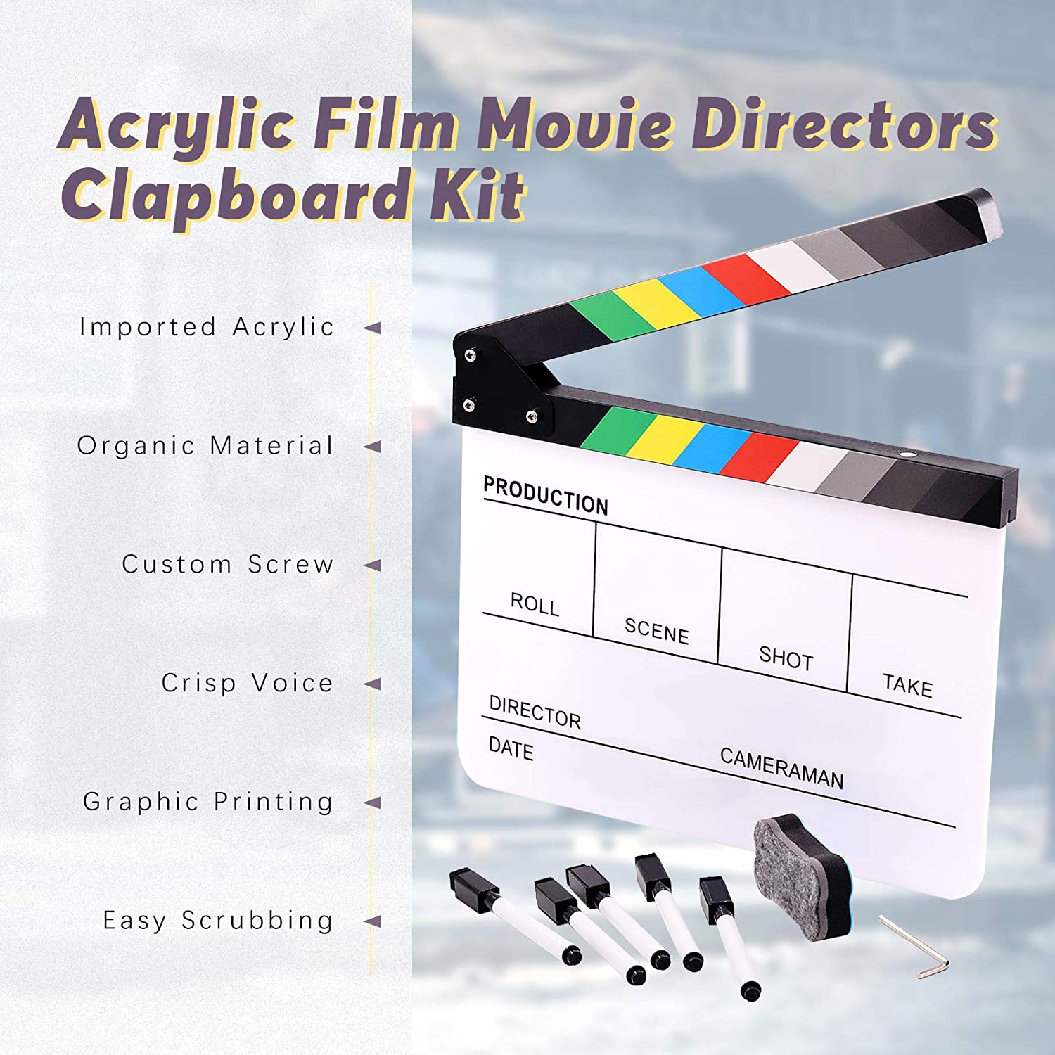 8Pcs 10'x12' Acrylic Film Movie Directors Clapboard Kit, Magnetic Blackboard Eraser, M3 Hex Wrench and 5Pcs Custom Pens Dry Erase Director Clapper
