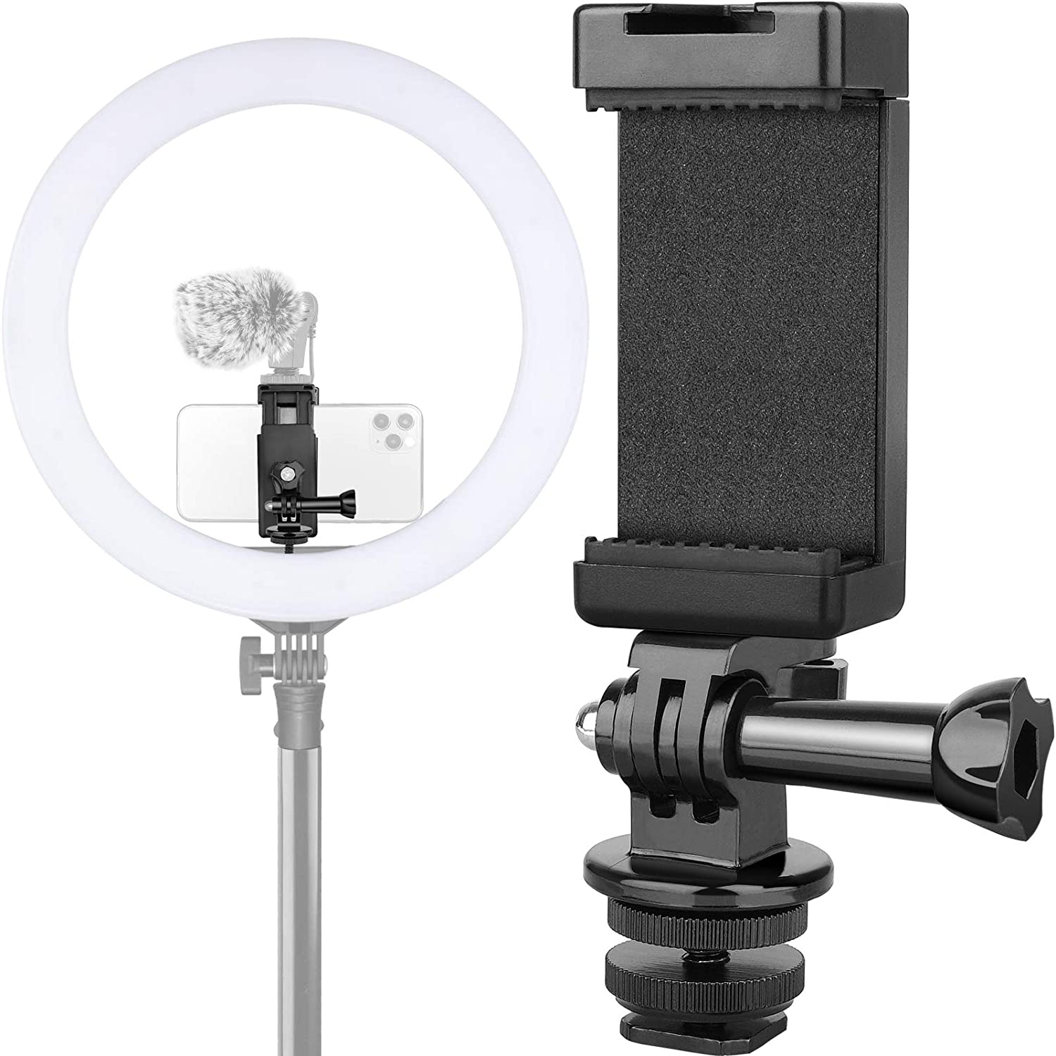 Phone Holder Hot Shoe Mount Adapter with Cold Shoe Mount for Microphone/Flash Light Compatible with Gopro Hero DJI Osmo Action Camera Smartphone, Attach on DSLR Camera/Ring