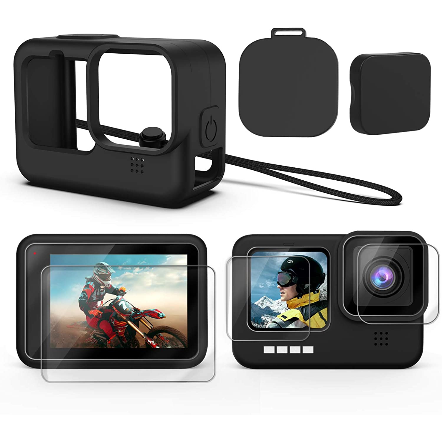 Accessories Kit for GoPro Hero 10/9 Black, Silicone Sleeve Protective Case with Rubber Cap + 6Pcs Tempered Glass Screen Protector with Lens Cover Cap for GoPro Hero 10/9