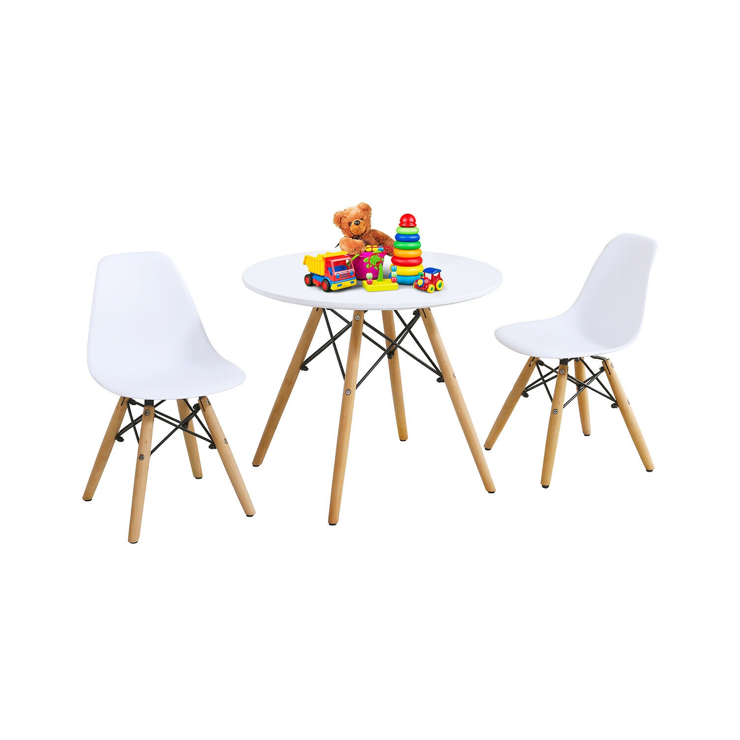 Gymax Kids Modern Dining Table Set Round Table with 2 Armless Chairs White