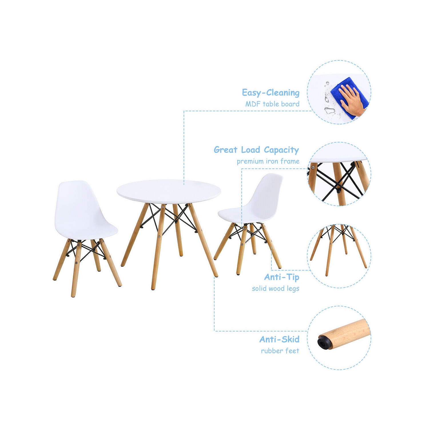 Gymax Kids Modern Dining Table Set Round Table with 2 Armless Chairs White