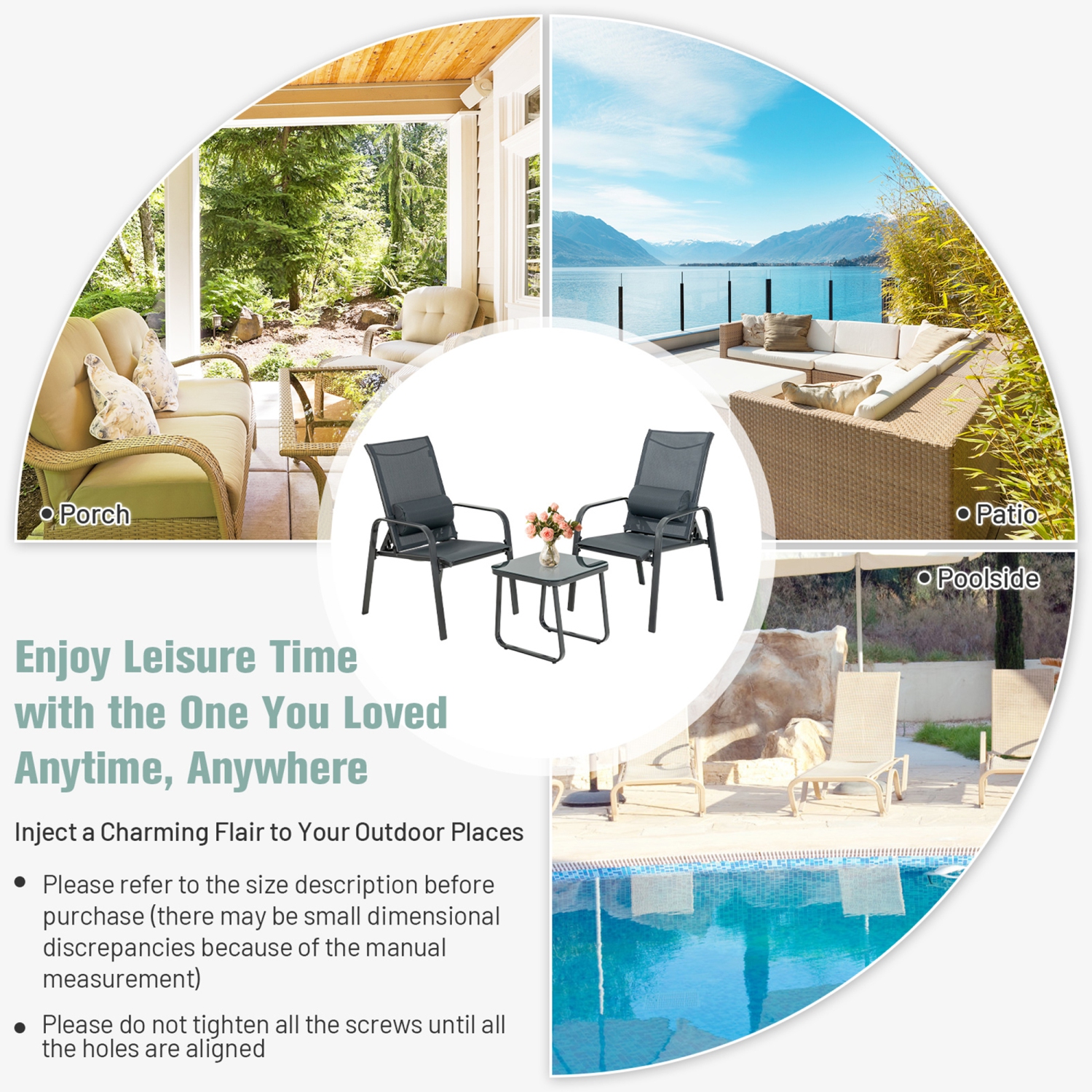 Gymax 3PCS Outdoor Bistro Set Patio Conversation Set w/ Adjustable Backrest