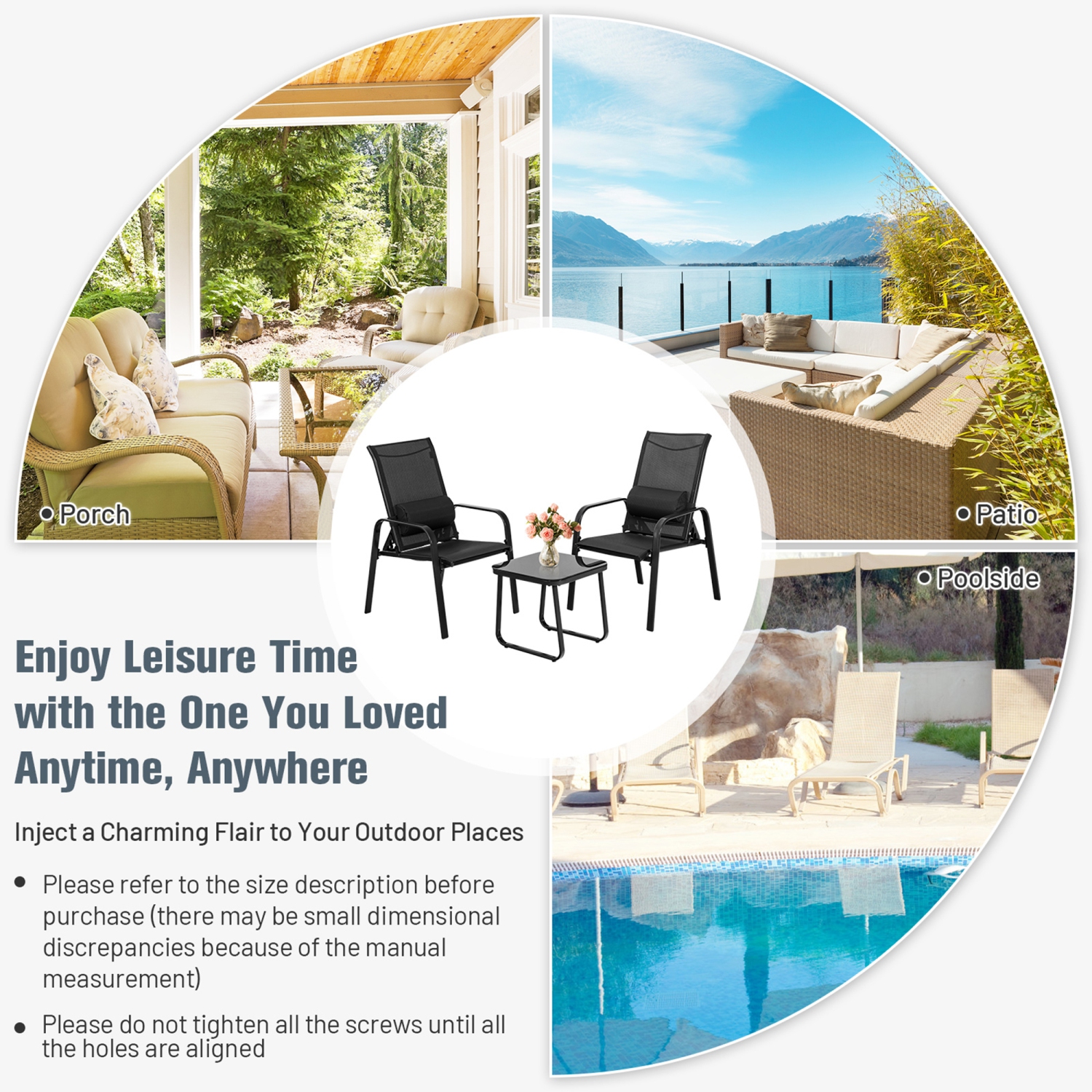 Gymax 3PCS Outdoor Bistro Set Patio Conversation Set w/ Adjustable Backrest