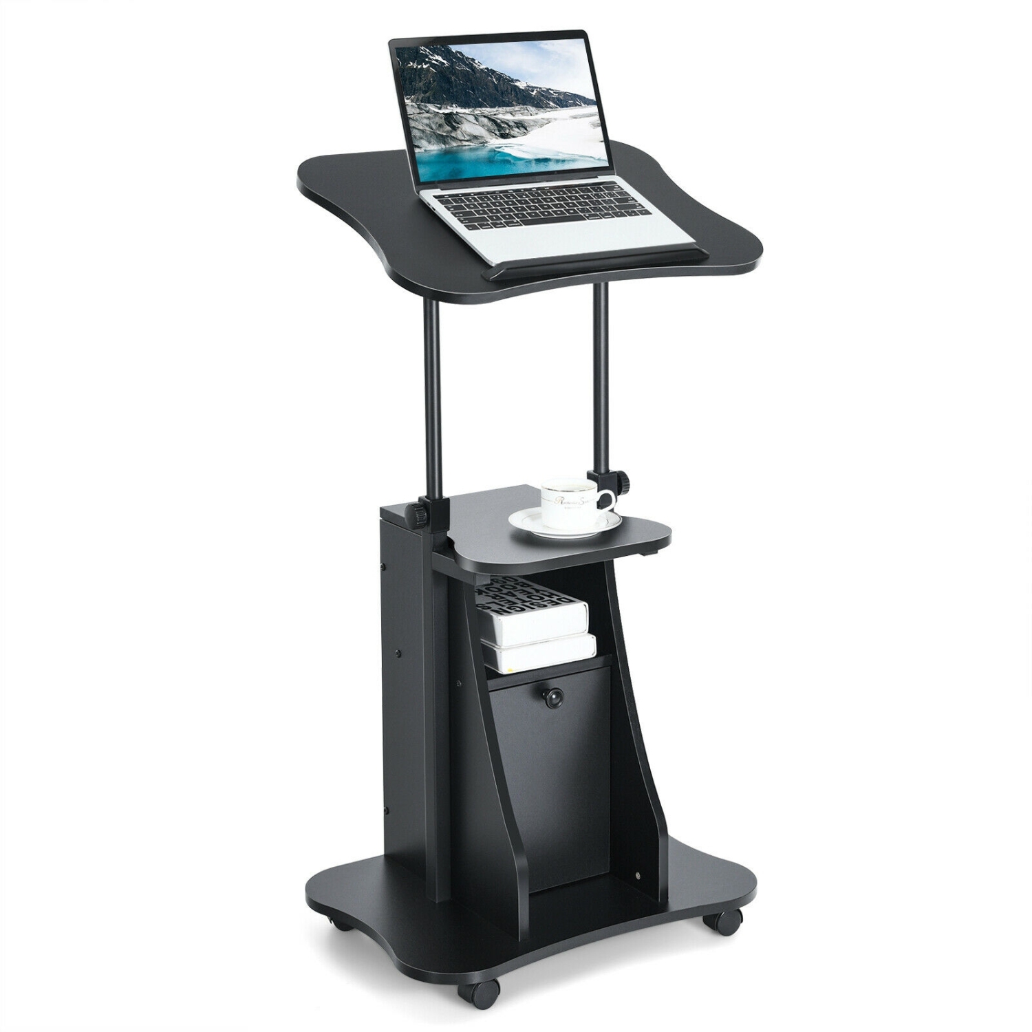 Portable Standing Desk Cart with Tilting Surface and Cabinet, Adjustable Height