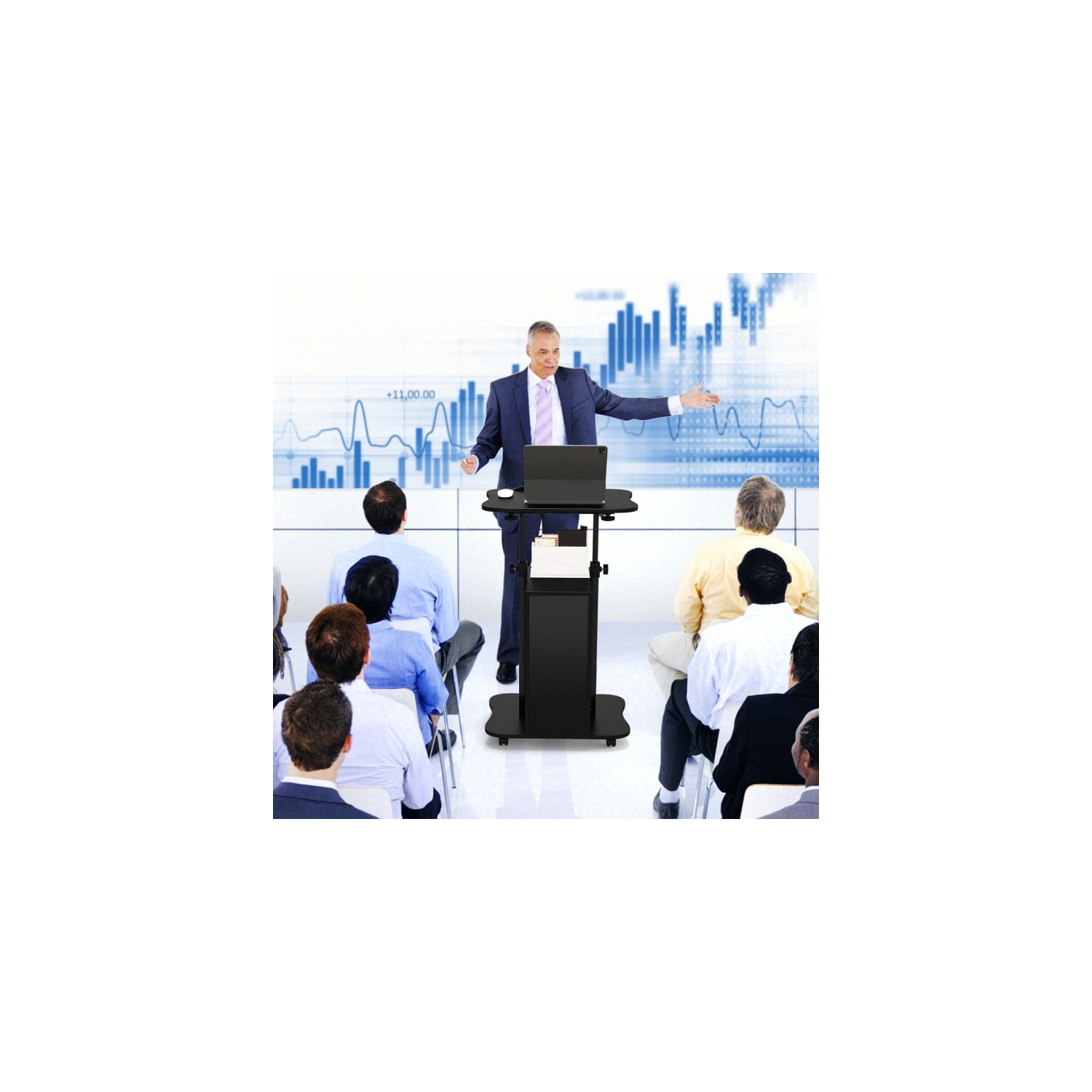 Portable Standing Desk Cart with Tilting Surface and Cabinet, Adjustable Height