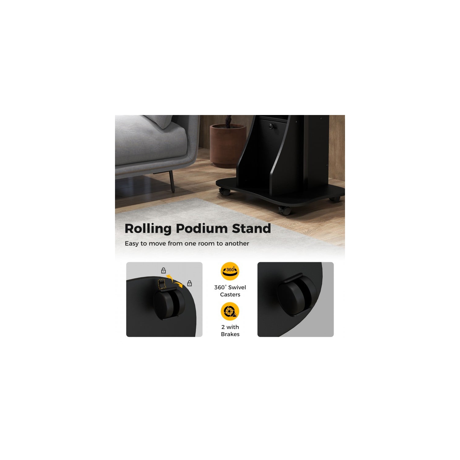 Portable Standing Desk Cart with Tilting Surface and Cabinet, Adjustable Height