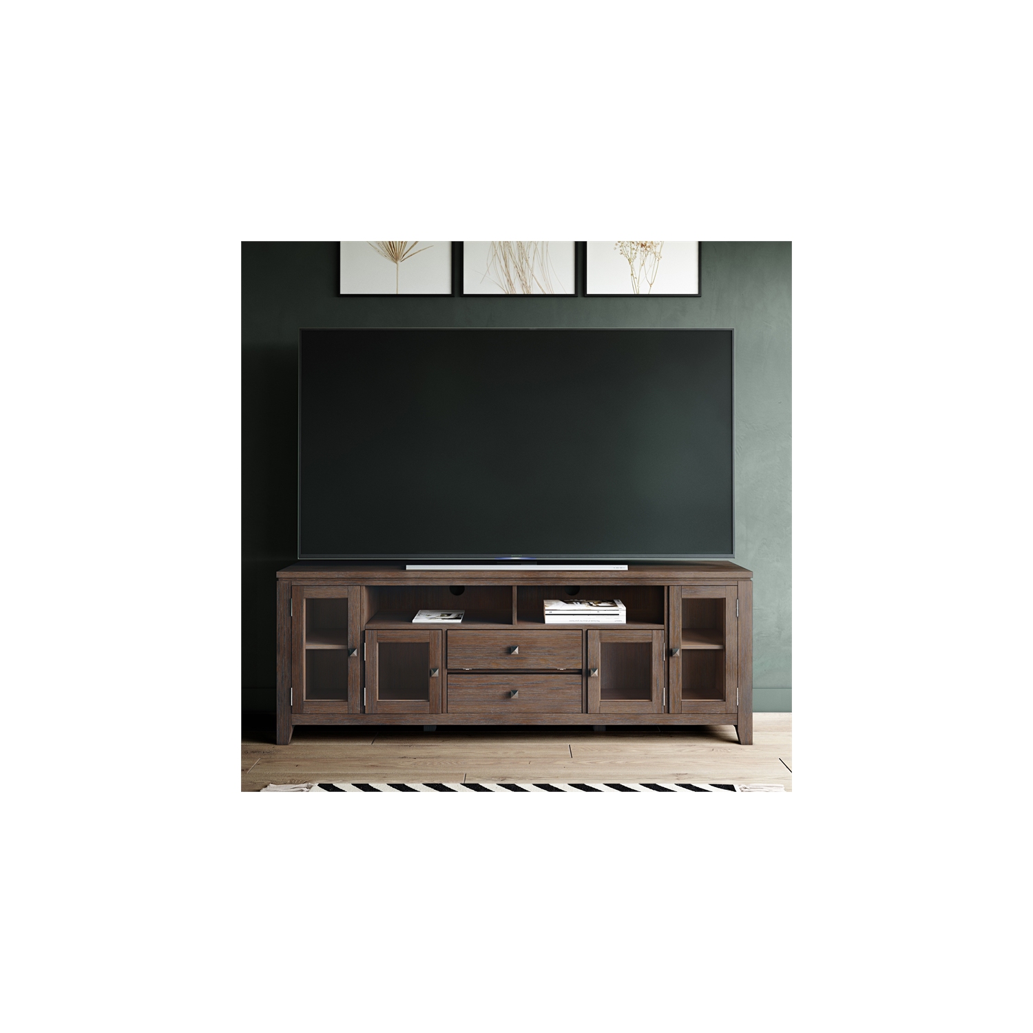 Simpli Home Cosmopolitan 72" Solid Wood TV Media Stand in Farmhouse Brown