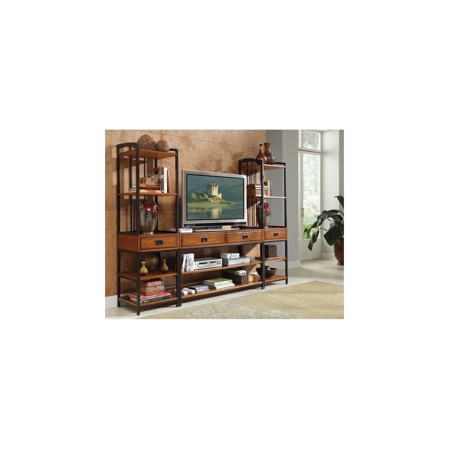 Homestyles Modern Craftsman Wood Media Stand in Brown