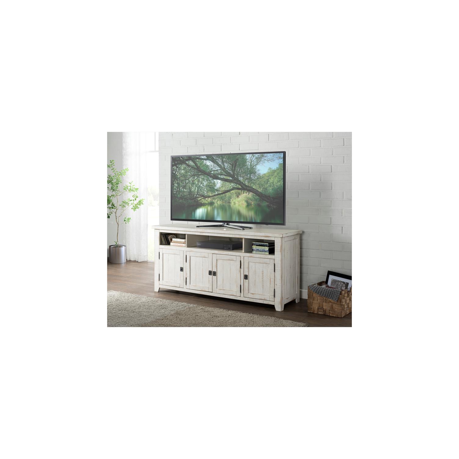 Bowery Hill Farmhouse 65" Solid Wood TV Stand in Antique White