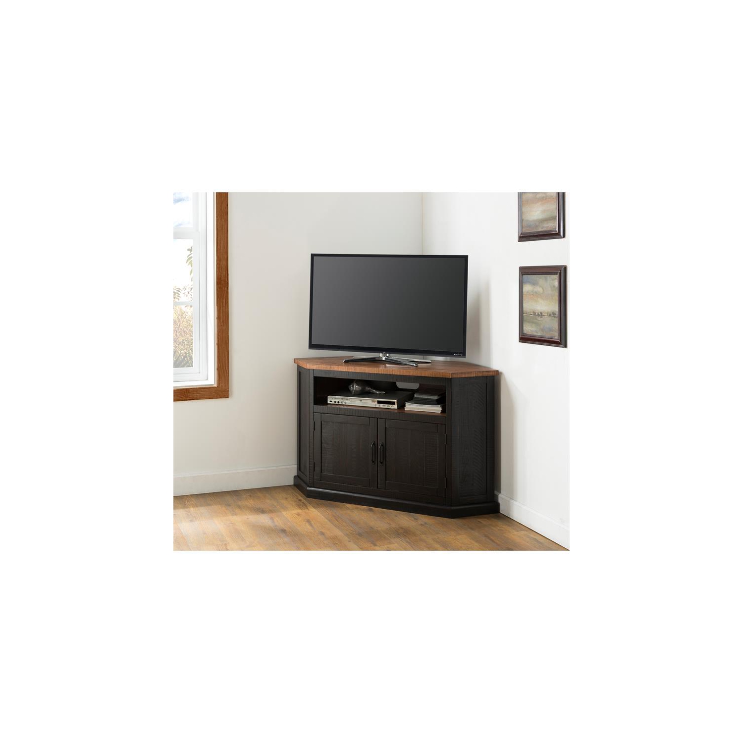 Bowery Hill Rustic Corner 50" Wood TV Stand in Antique Black and Honey