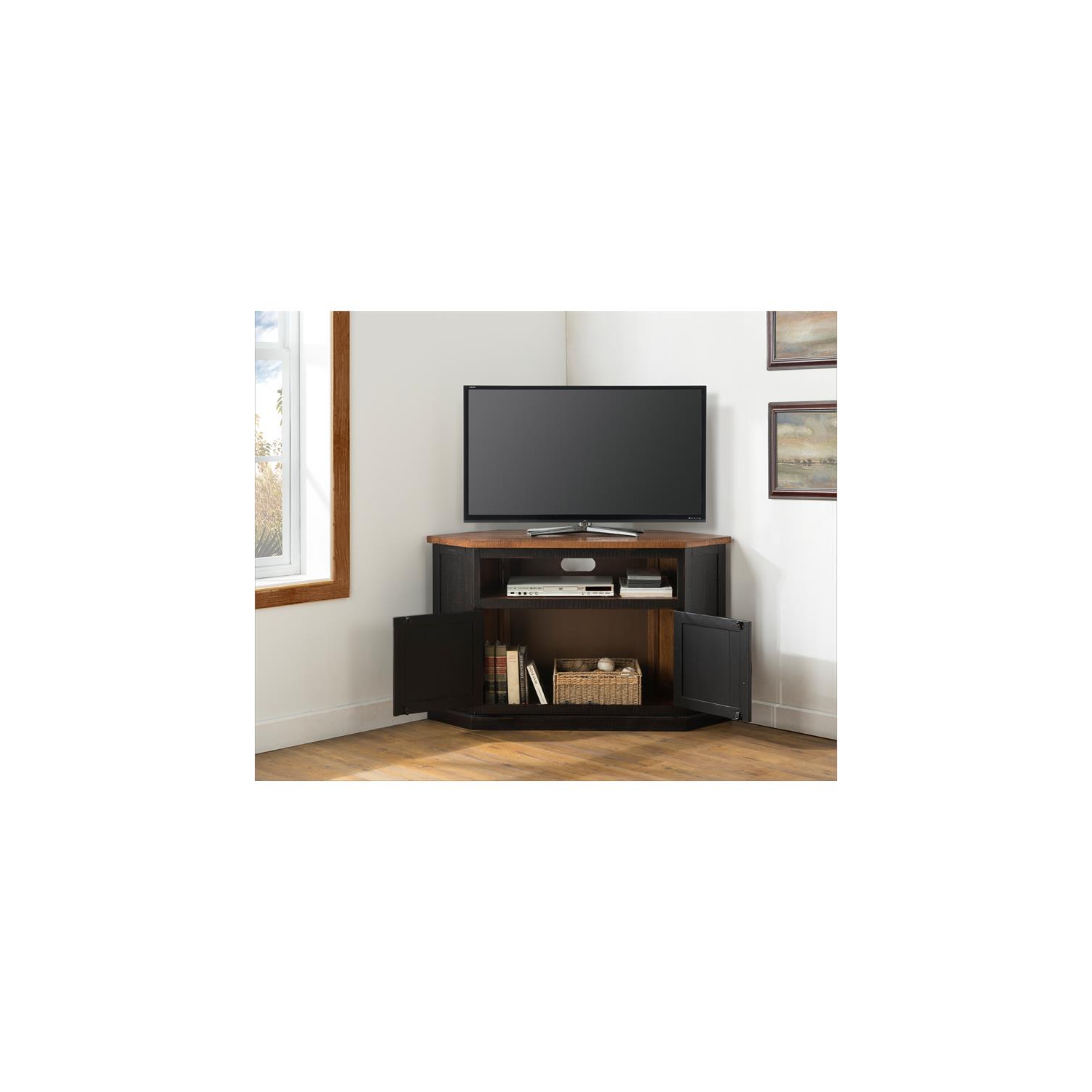 Bowery Hill Rustic Corner 50" Wood TV Stand in Antique Black and Honey