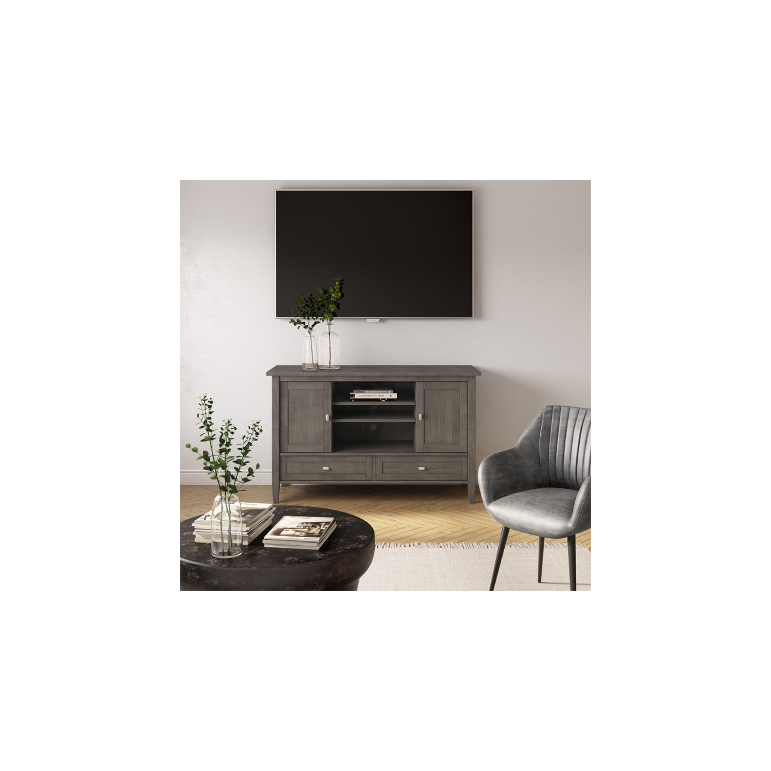 Simpli Home Warm Shaker Wood 47" Transitional TV Media Stand in Farmhouse Gray For TVs up to 50"