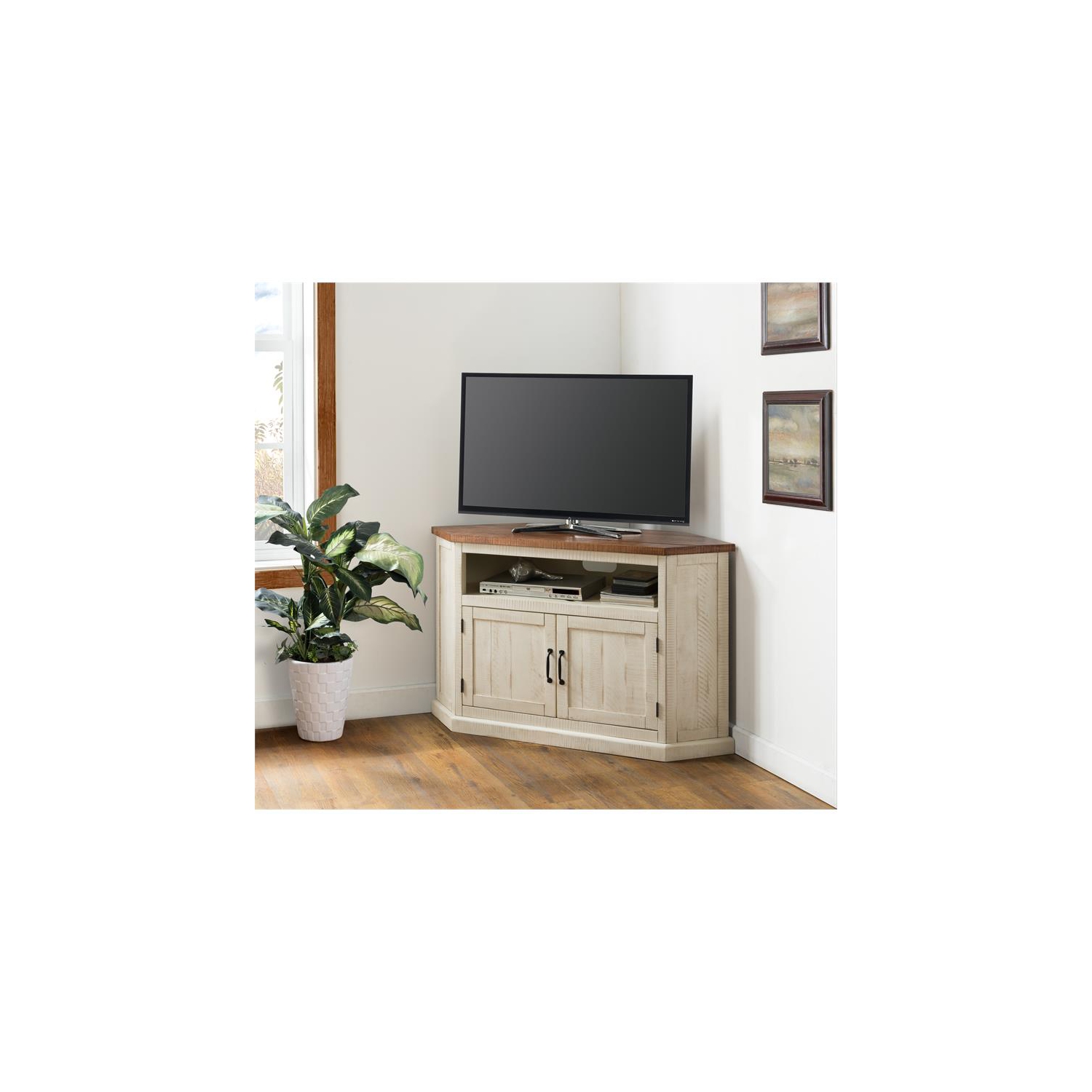 Bowery Hill Rustic Corner 50" Wood TV Stand in Antique White and Honey