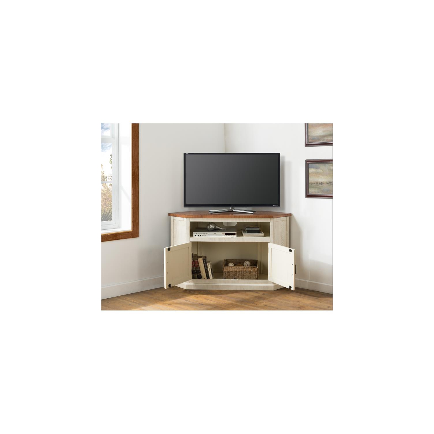 Bowery Hill Rustic Corner 50" Wood TV Stand in Antique White and Honey