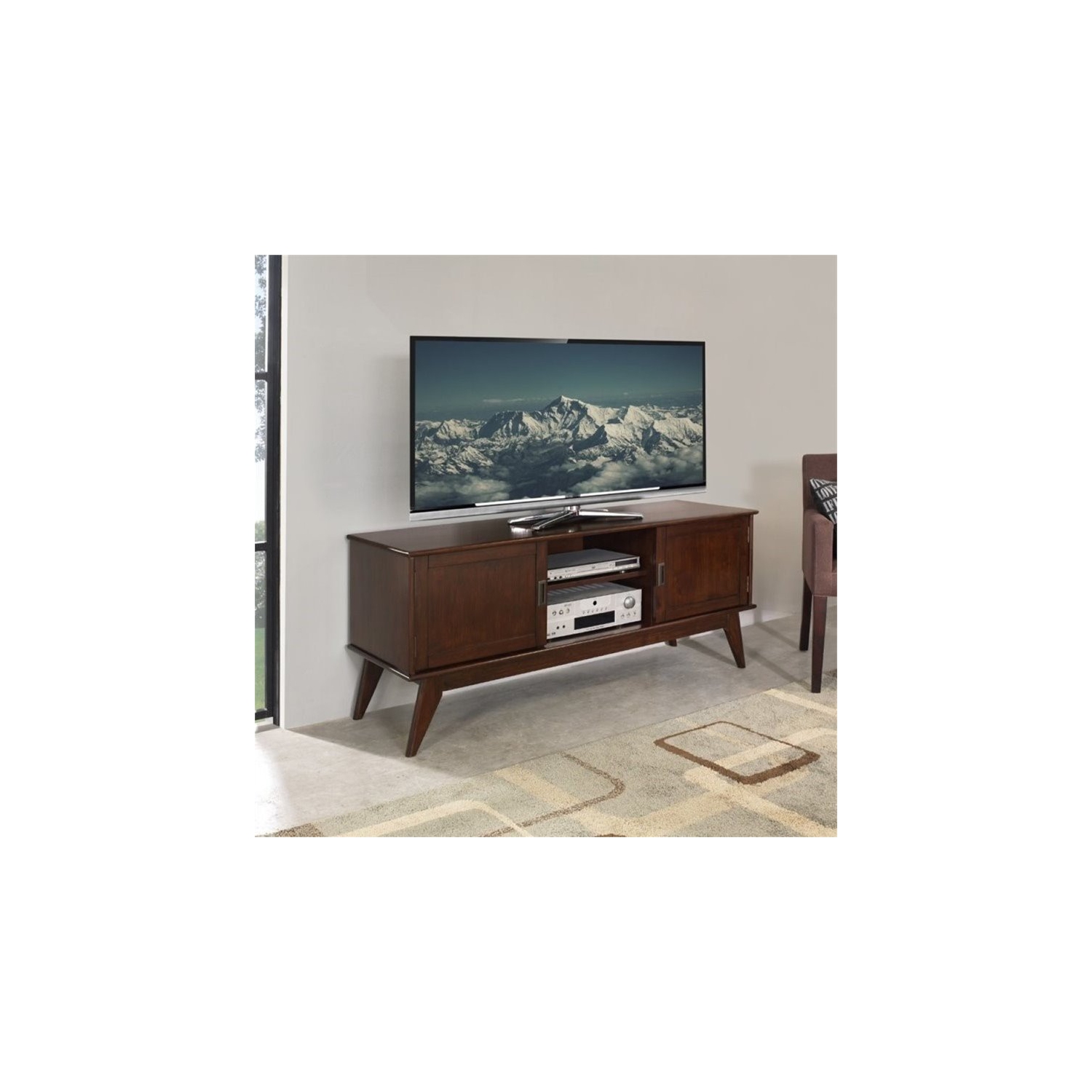 Simpli Home Draper Solid Hardood 60 " Mid-Century Modern TV Media Stand in Medium Auburn Brown