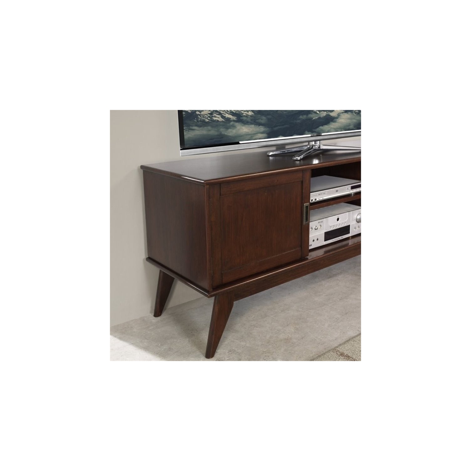 Simpli Home Draper Solid Hardood 60 " Mid-Century Modern TV Media Stand in Medium Auburn Brown
