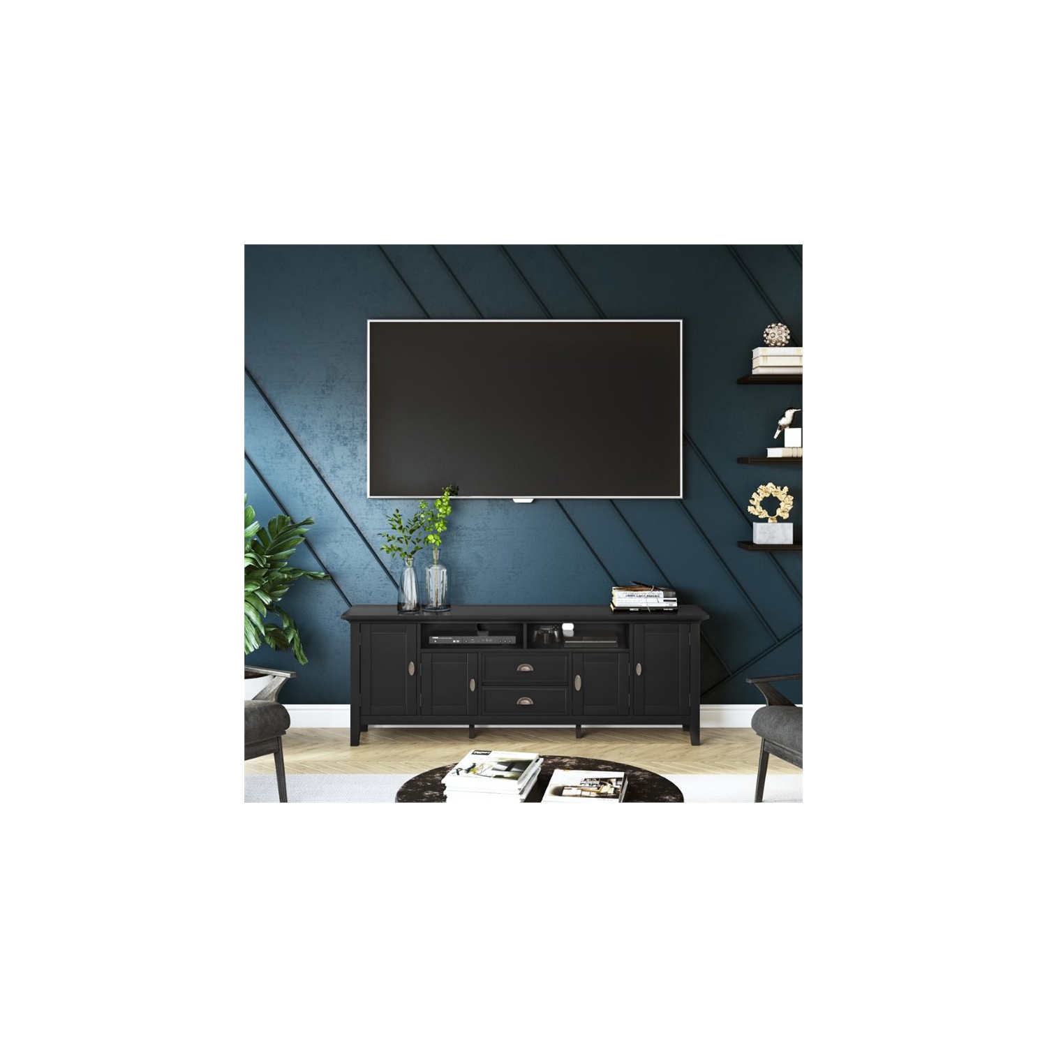 Simpli Home Redmond Wood 72" Transitional TV Media Stand in Black For TVs up to 80"