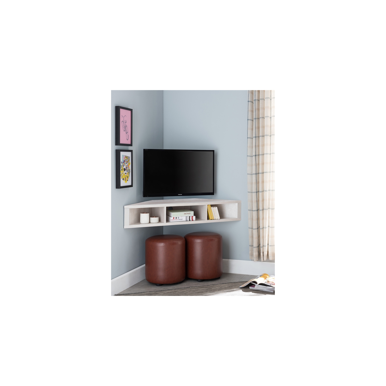 Bowery Hill Modern Corner Wood Floating 42" TV Stand in White Oak
