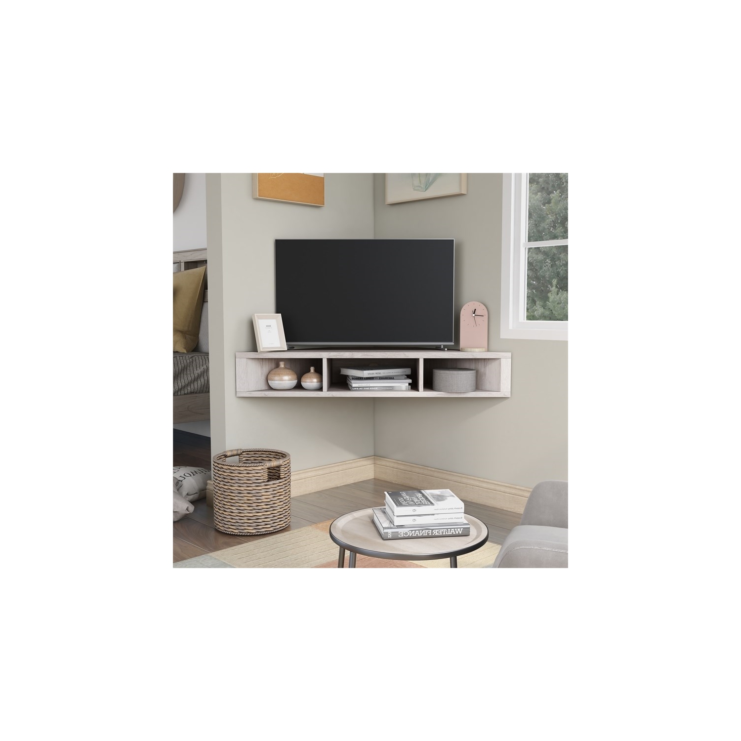 Bowery Hill Modern Corner Wood Floating 42" TV Stand in White Oak
