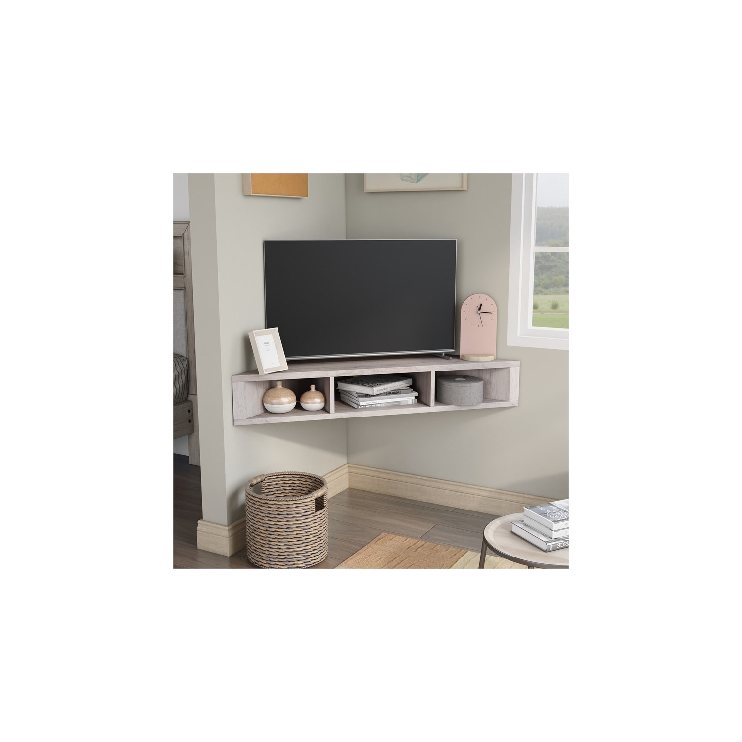 Bowery Hill Modern Corner Wood Floating 42" TV Stand in White Oak